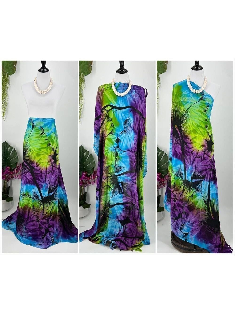 Purple/Green/Blue Tie Dye Hibiscus MAXI SARONG Kīkepa Pareo Beach Wrap Skirt